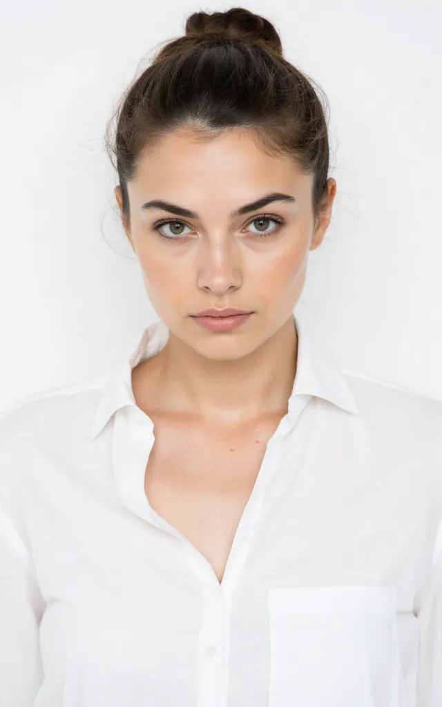 A French female model with a Ballet bun, wearing a shirt, against a white background, in a front   facing bust portrait